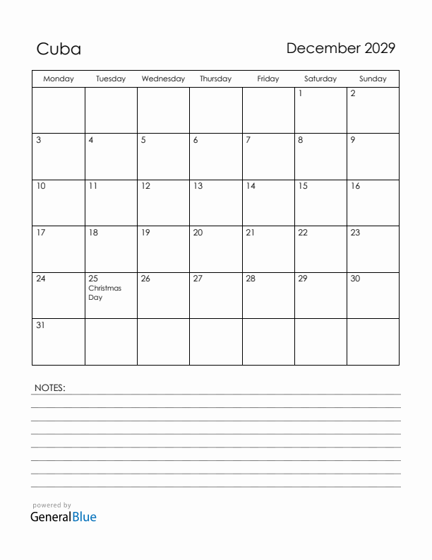 December 2029 Cuba Calendar with Holidays (Monday Start)