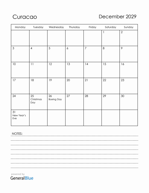 December 2029 Curacao Calendar with Holidays (Monday Start)