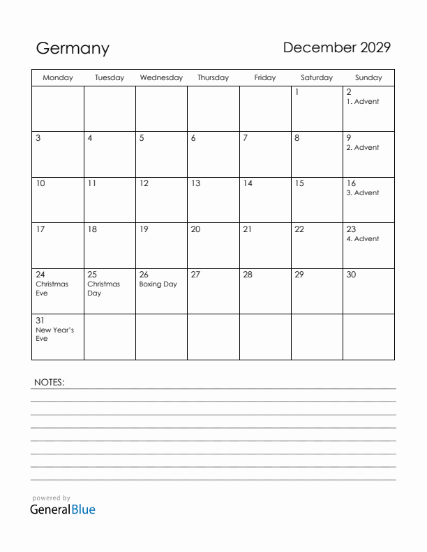 December 2029 Germany Calendar with Holidays (Monday Start)