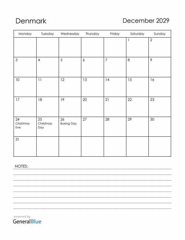 December 2029 Denmark Calendar with Holidays (Monday Start)