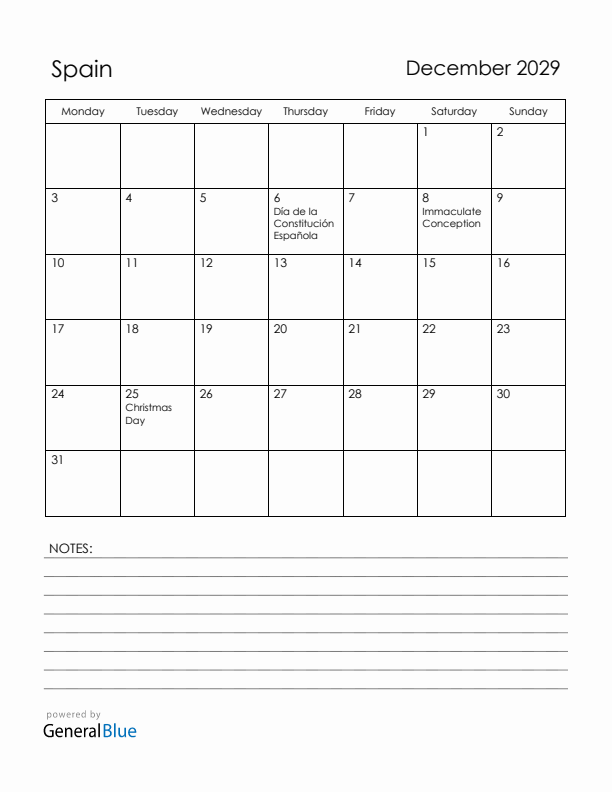 December 2029 Spain Calendar with Holidays (Monday Start)