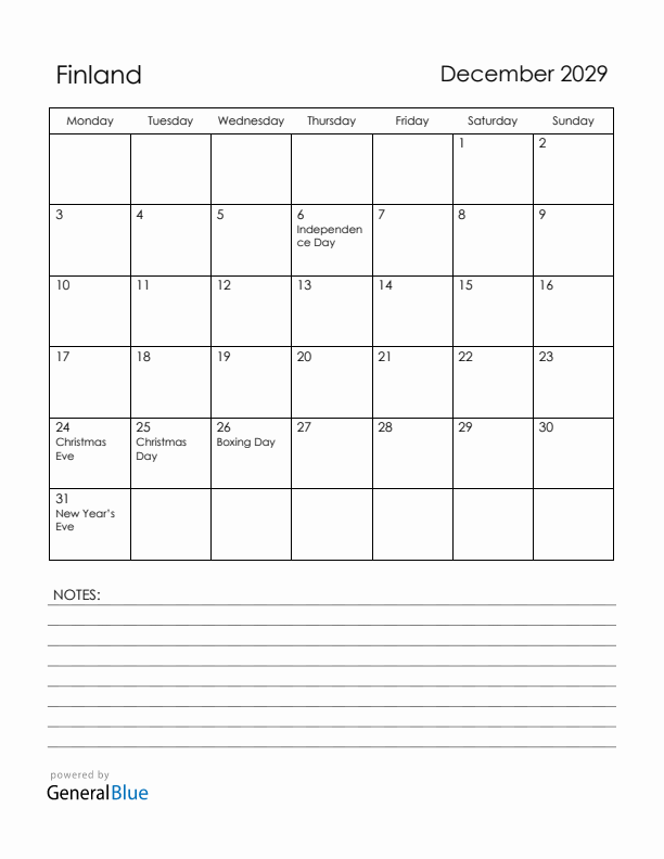 December 2029 Finland Calendar with Holidays (Monday Start)
