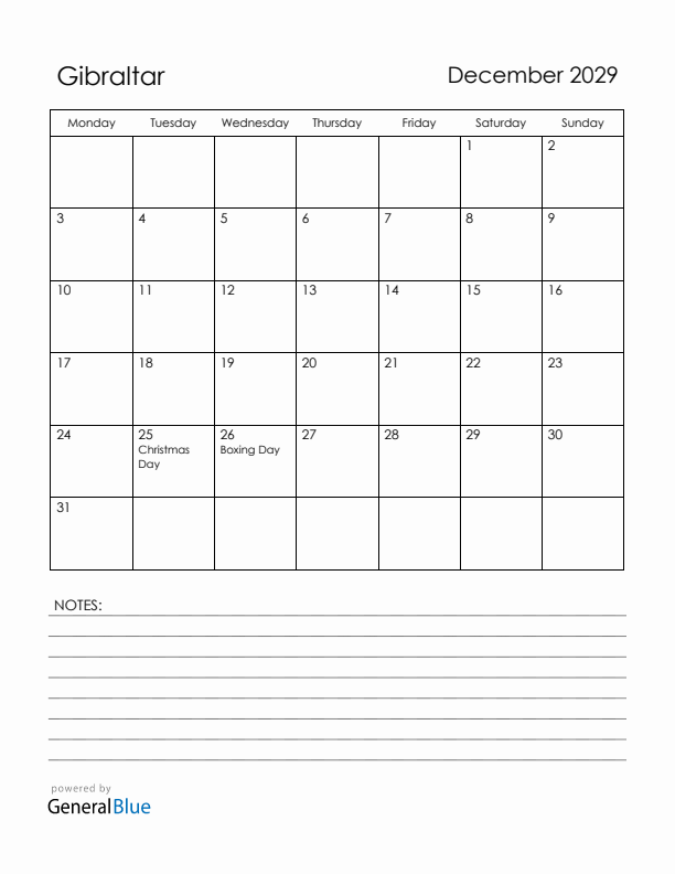 December 2029 Gibraltar Calendar with Holidays (Monday Start)