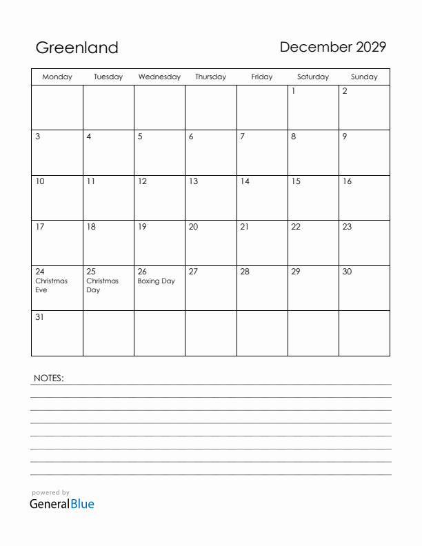 December 2029 Greenland Calendar with Holidays (Monday Start)