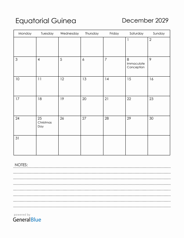 December 2029 Equatorial Guinea Calendar with Holidays (Monday Start)