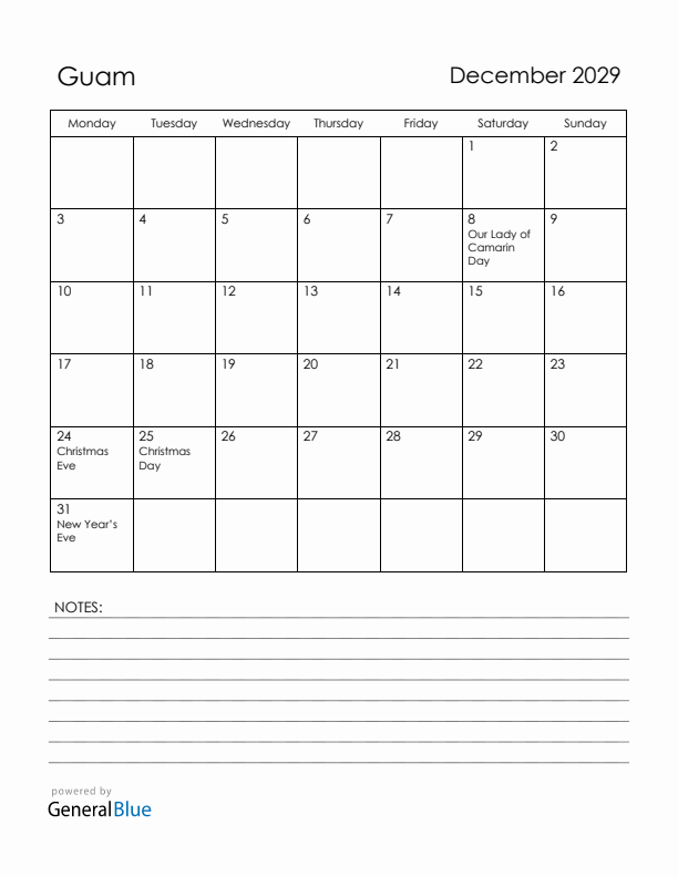 December 2029 Guam Calendar with Holidays (Monday Start)