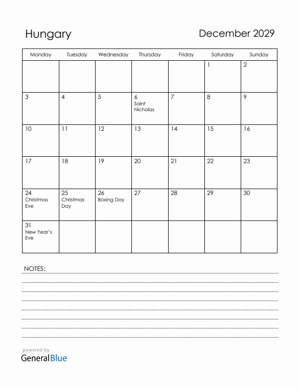 December 2029 Hungary Calendar with Holidays (Monday Start)