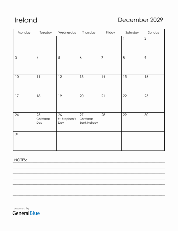 December 2029 Ireland Calendar with Holidays (Monday Start)