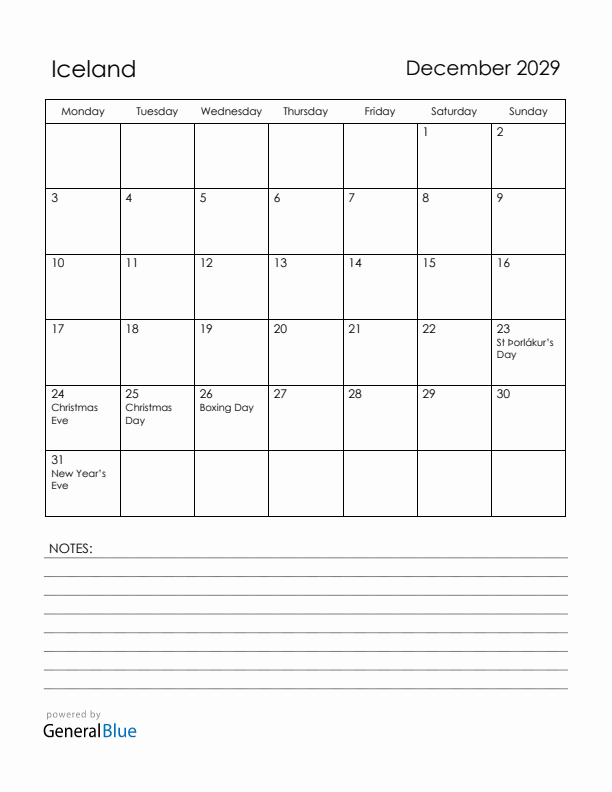 December 2029 Iceland Calendar with Holidays (Monday Start)