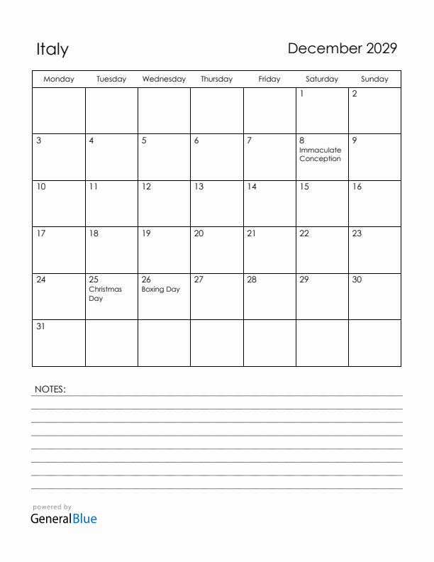 December 2029 Italy Calendar with Holidays (Monday Start)