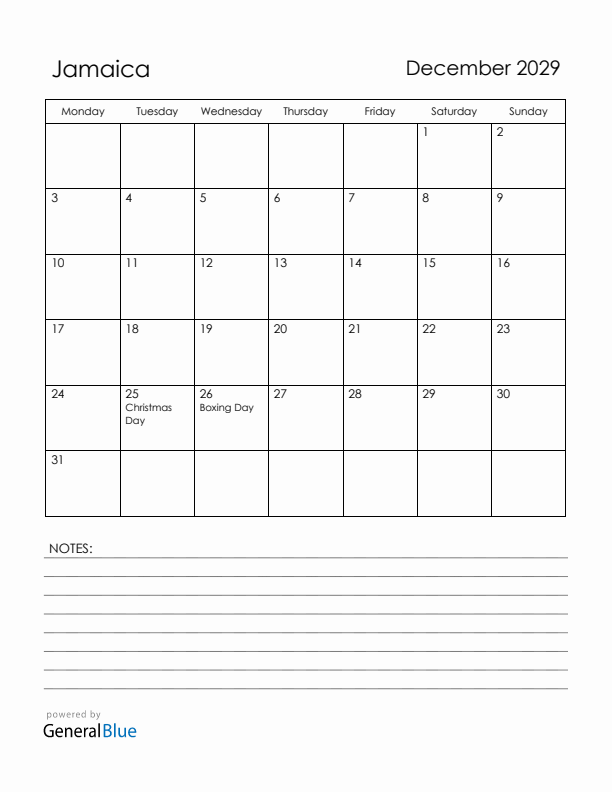 December 2029 Jamaica Calendar with Holidays (Monday Start)