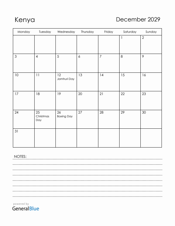 December 2029 Kenya Calendar with Holidays (Monday Start)