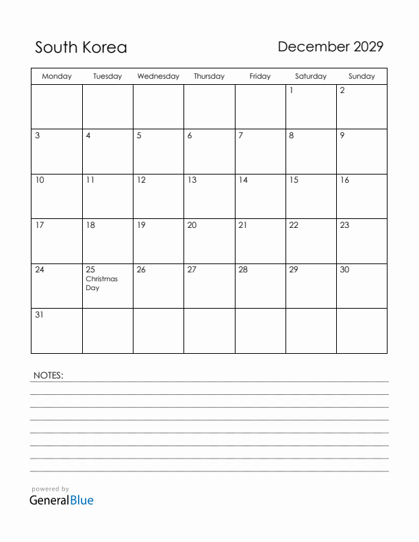 December 2029 South Korea Calendar with Holidays (Monday Start)