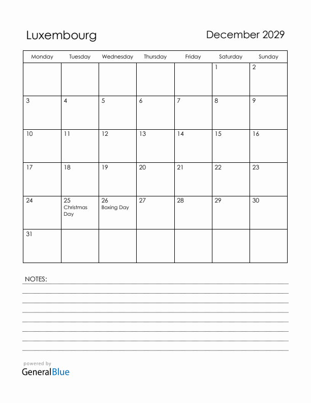 December 2029 Luxembourg Calendar with Holidays (Monday Start)