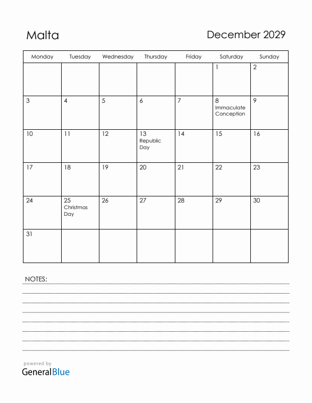 December 2029 Malta Calendar with Holidays (Monday Start)