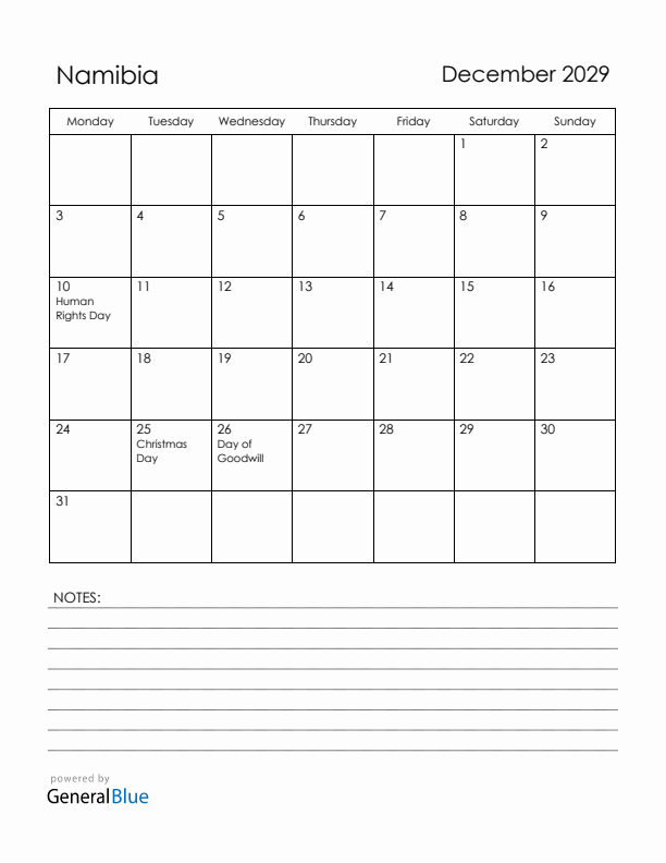 December 2029 Namibia Calendar with Holidays (Monday Start)