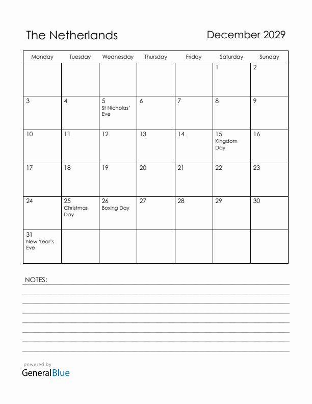December 2029 The Netherlands Calendar with Holidays (Monday Start)