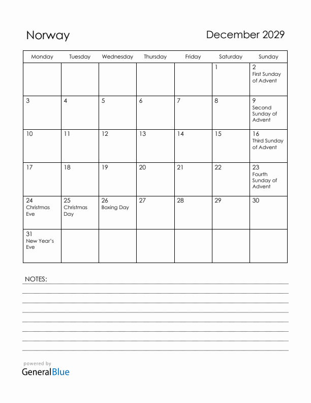 December 2029 Norway Calendar with Holidays (Monday Start)