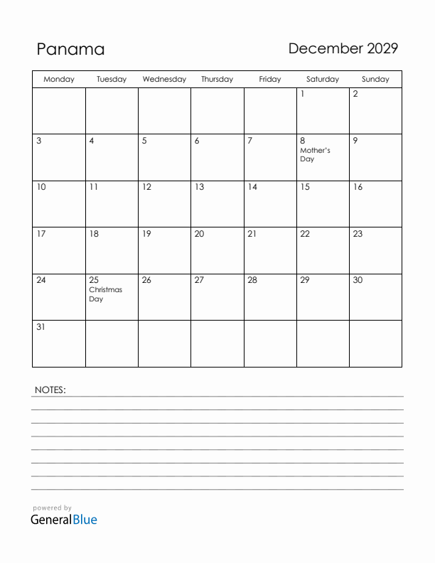 December 2029 Panama Calendar with Holidays (Monday Start)