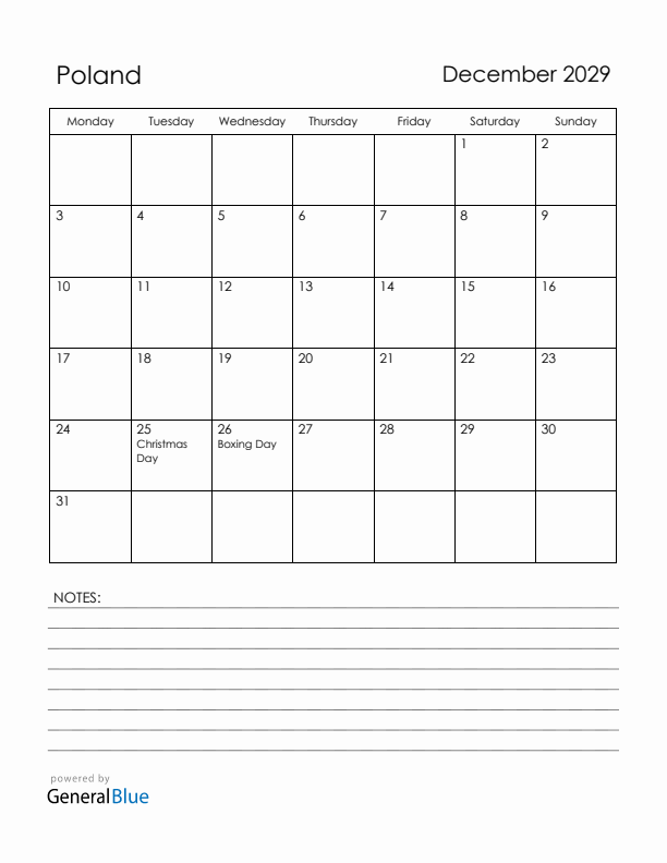 December 2029 Poland Calendar with Holidays (Monday Start)