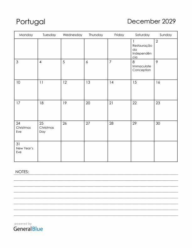 December 2029 Portugal Calendar with Holidays (Monday Start)