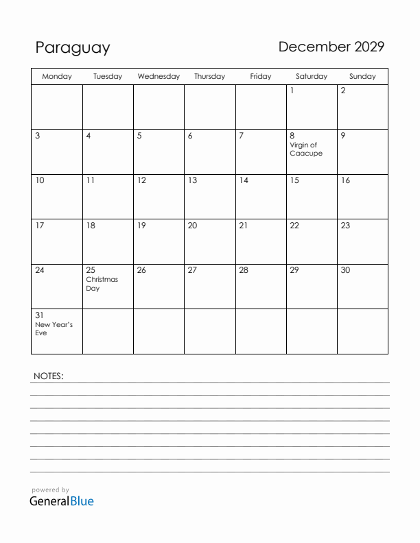 December 2029 Paraguay Calendar with Holidays (Monday Start)