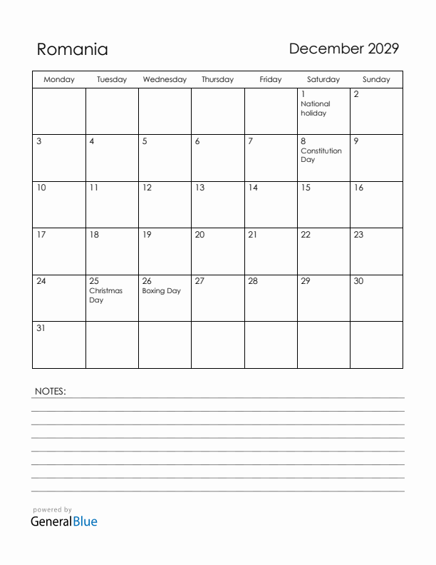 December 2029 Romania Calendar with Holidays (Monday Start)