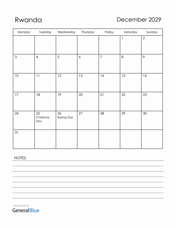 December 2029 Rwanda Calendar with Holidays (Monday Start)