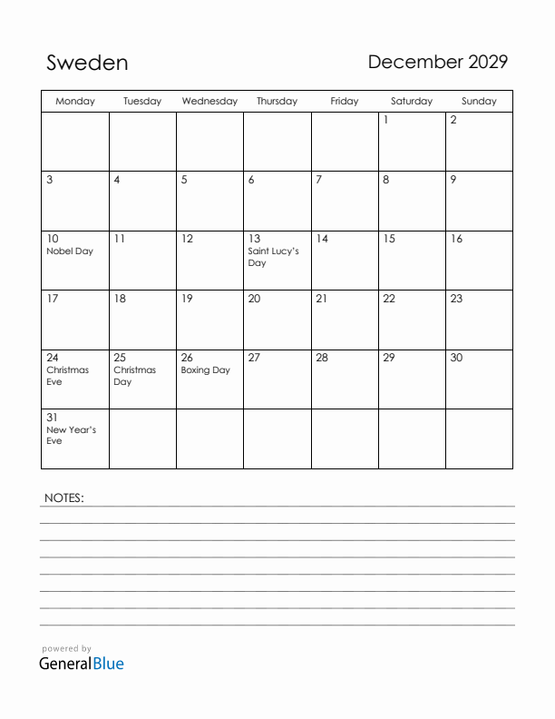 December 2029 Sweden Calendar with Holidays (Monday Start)