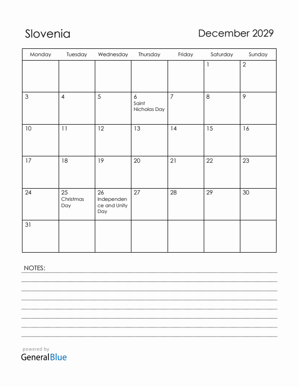 December 2029 Slovenia Calendar with Holidays (Monday Start)