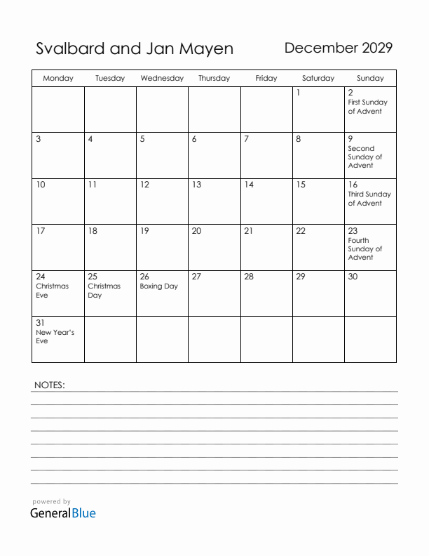 December 2029 Svalbard and Jan Mayen Calendar with Holidays (Monday Start)