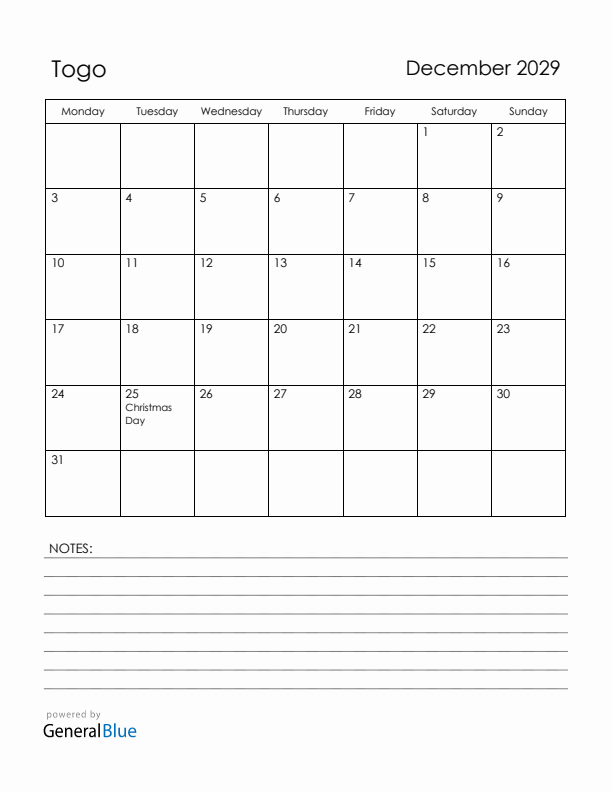 December 2029 Togo Calendar with Holidays (Monday Start)