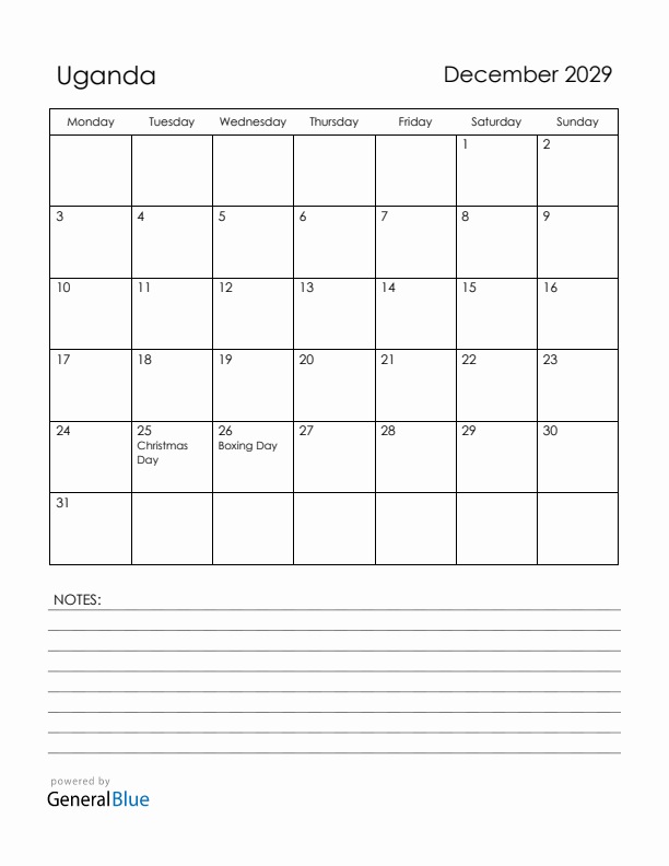 December 2029 Uganda Calendar with Holidays (Monday Start)