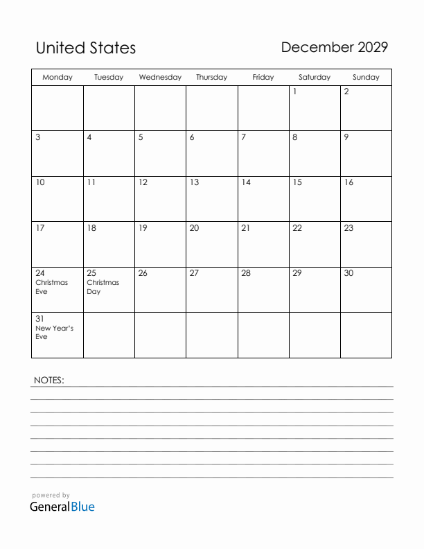 December 2029 United States Calendar with Holidays (Monday Start)
