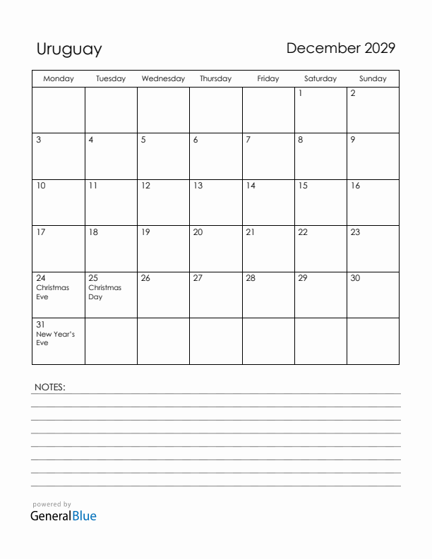 December 2029 Uruguay Calendar with Holidays (Monday Start)