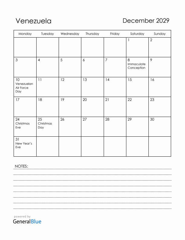 December 2029 Venezuela Calendar with Holidays (Monday Start)
