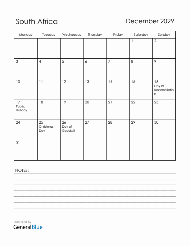 December 2029 South Africa Calendar with Holidays (Monday Start)