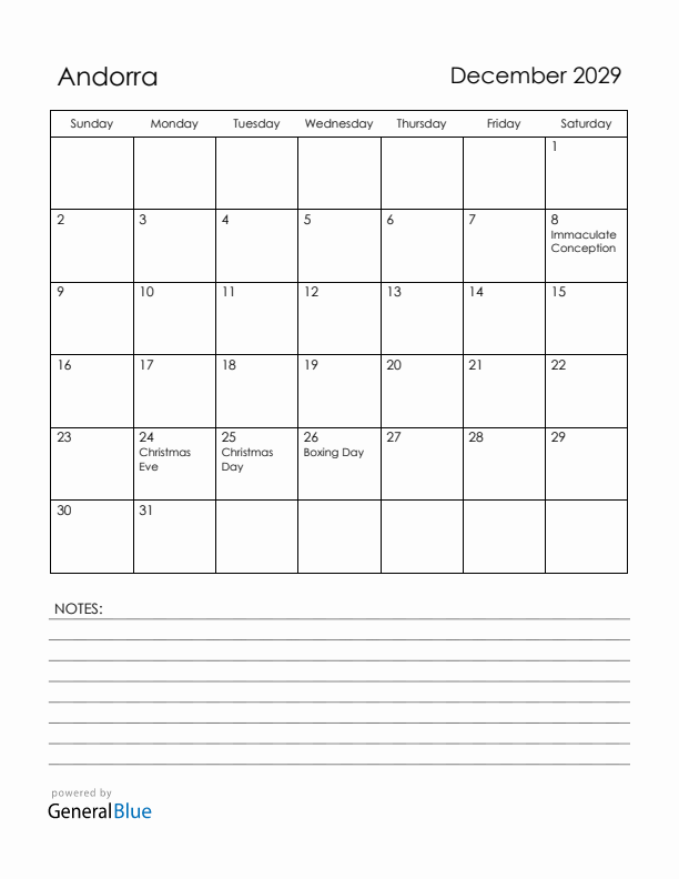 December 2029 Andorra Calendar with Holidays (Sunday Start)