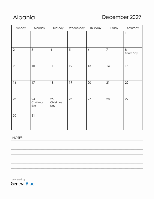 December 2029 Albania Calendar with Holidays (Sunday Start)