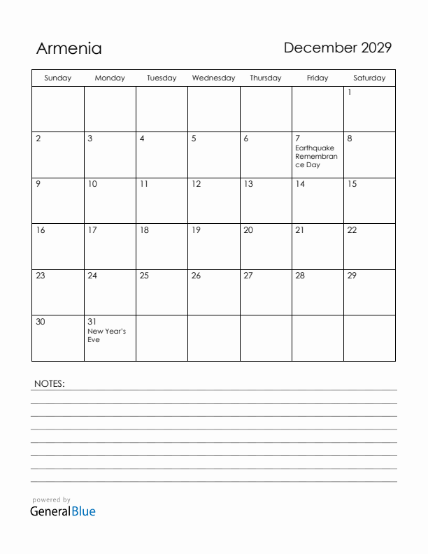 December 2029 Armenia Calendar with Holidays (Sunday Start)