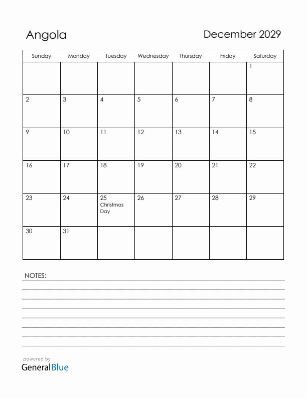 December 2029 Angola Calendar with Holidays (Sunday Start)