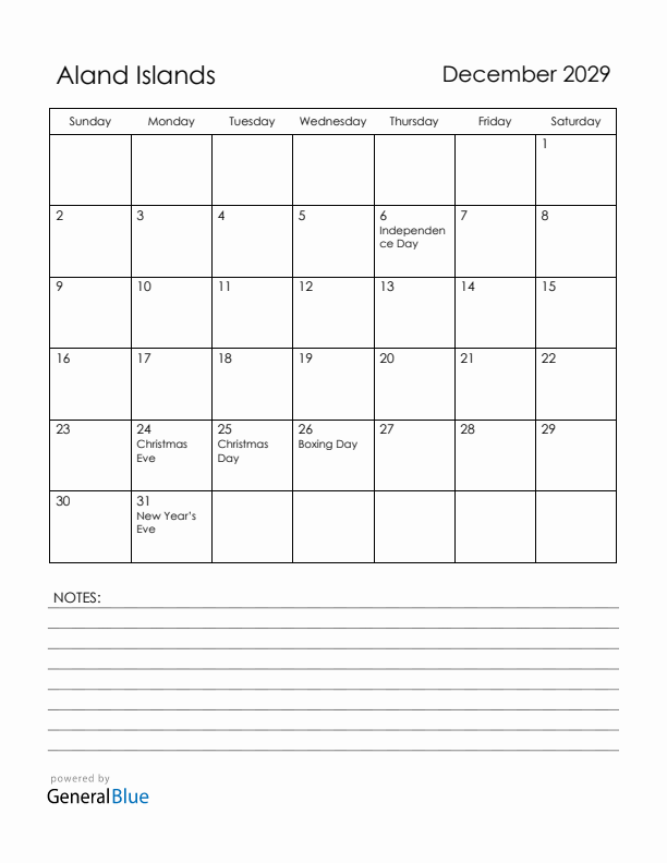 December 2029 Aland Islands Calendar with Holidays (Sunday Start)