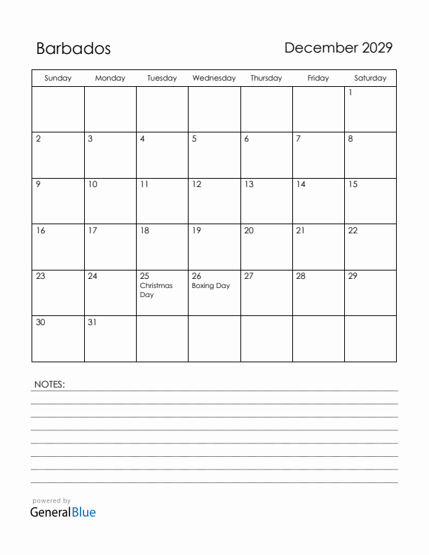 December 2029 Barbados Calendar with Holidays (Sunday Start)