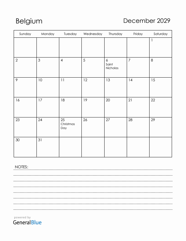 December 2029 Belgium Calendar with Holidays (Sunday Start)