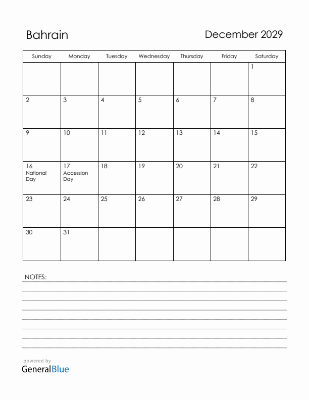 December 2029 Bahrain Calendar with Holidays (Sunday Start)
