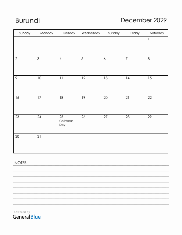 December 2029 Burundi Calendar with Holidays (Sunday Start)