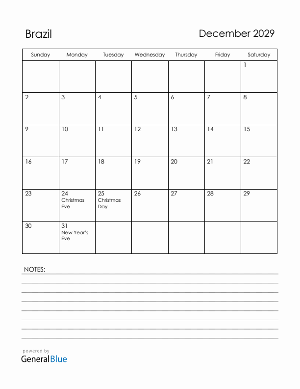 December 2029 Brazil Calendar with Holidays (Sunday Start)