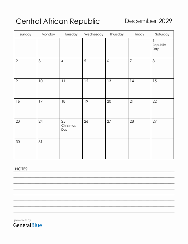 December 2029 Central African Republic Calendar with Holidays (Sunday Start)