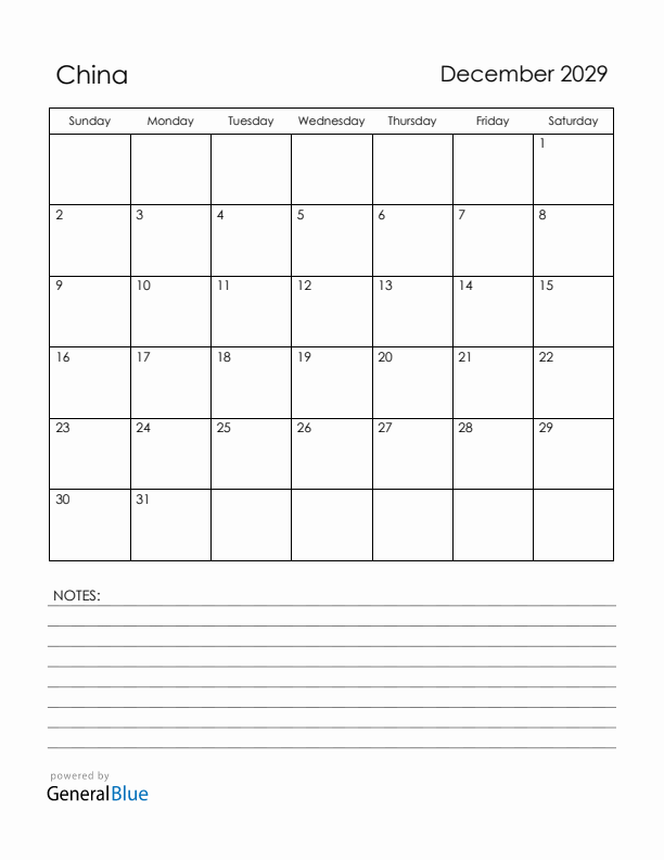 December 2029 China Calendar with Holidays (Sunday Start)