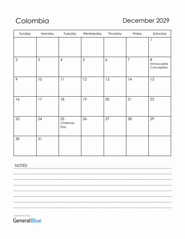 December 2029 Colombia Calendar with Holidays (Sunday Start)